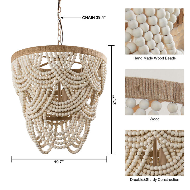 4-Light Bohemian Natural Wood Beaded 3 Tiered Chandelier