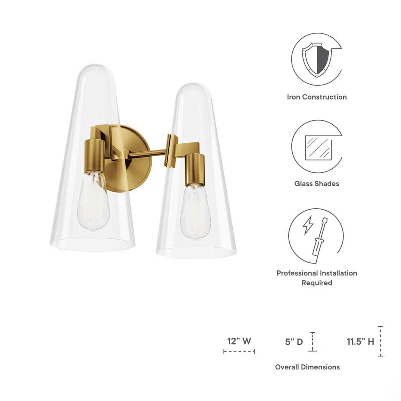 Modway Beacon 2-Light Wall Sconce in Clear Satin Brass, Brown, 7 x 12 x 11.5 image number 7