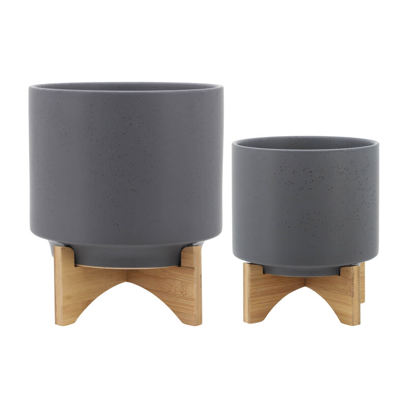 Planter with Wood Stand, Matte Gray