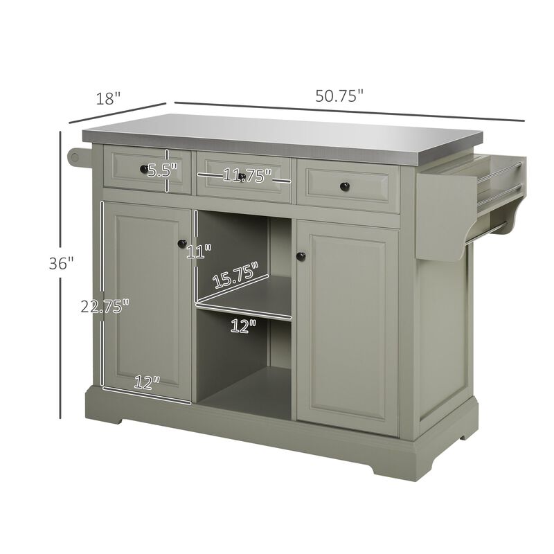 Gray Mobile Kitchen: Island Cart with Stainless Top and Multi-Storage