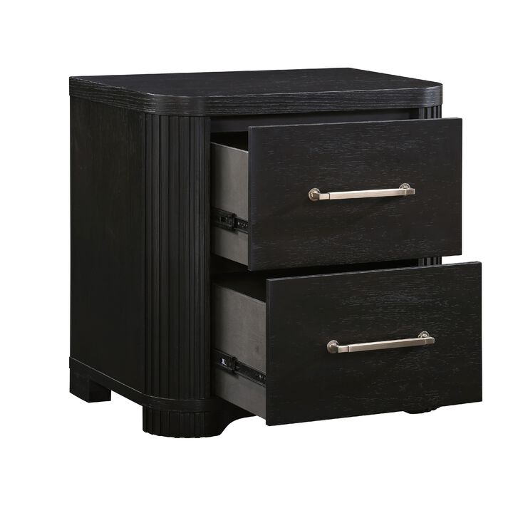 Chas Nightstand, 2 Drawers Brass Bar Handles, Charcoal Black Wood - Benzara
