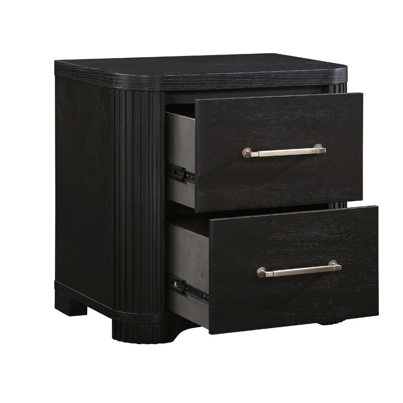 Chas Nightstand, 2 Drawers Brass Bar Handles, Charcoal Black Wood - Benzara