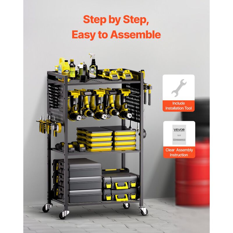 Heavy Duty 4-Tier Rolling Workshop Tool Cart with Drill Holder and Storage Shelves-Black image number 8