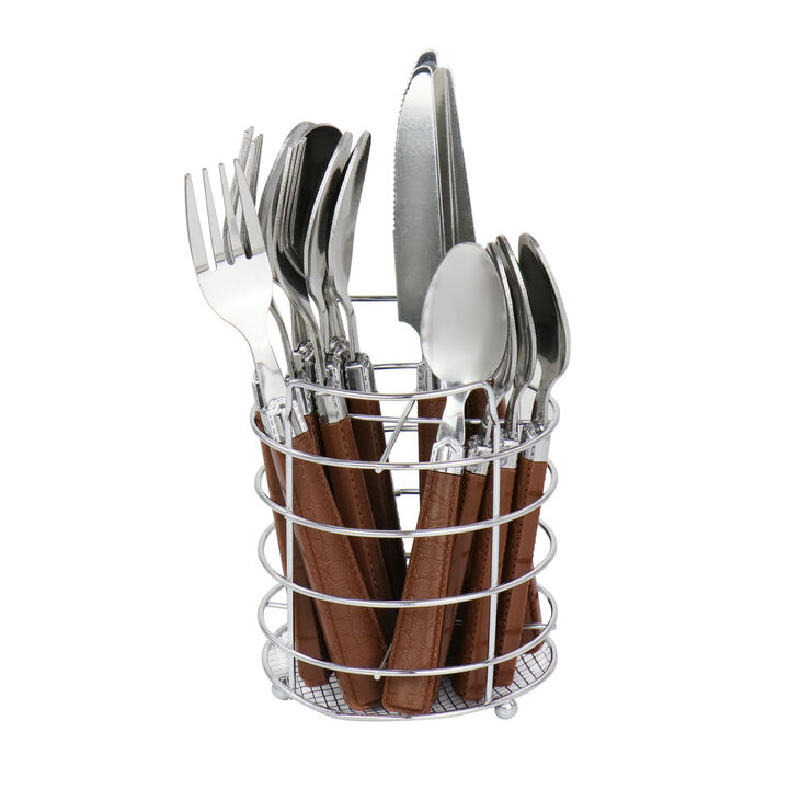 Gibson Everyday Buckstrap 16 Piece Flatware Set with Caddy in Cocoa Brown