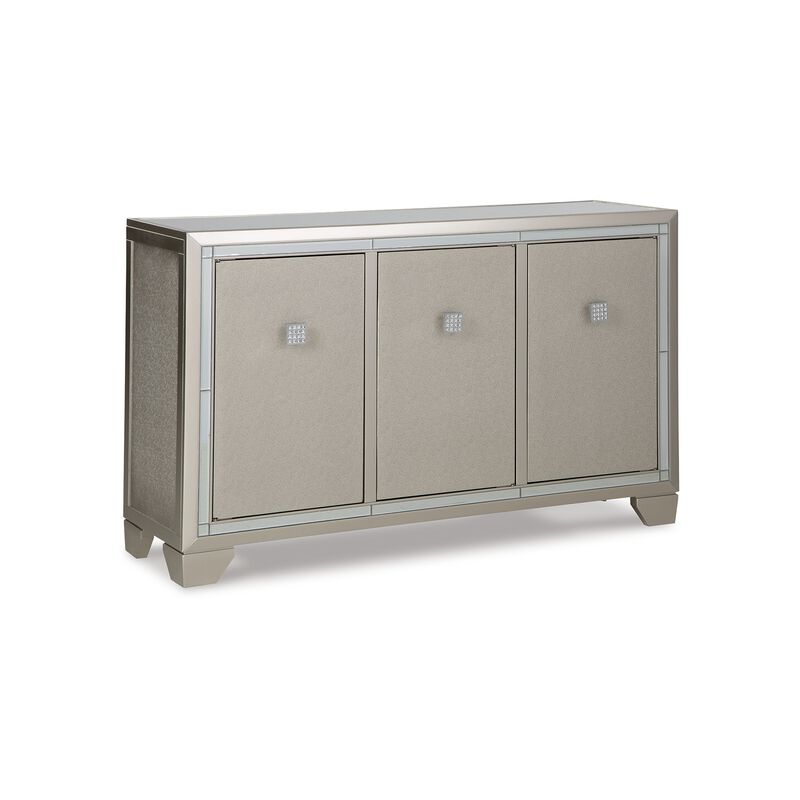 Sideboard Cabinet, Mirrored Top, 54 Inch, Adjustable Shelves, Silver  - Benzara