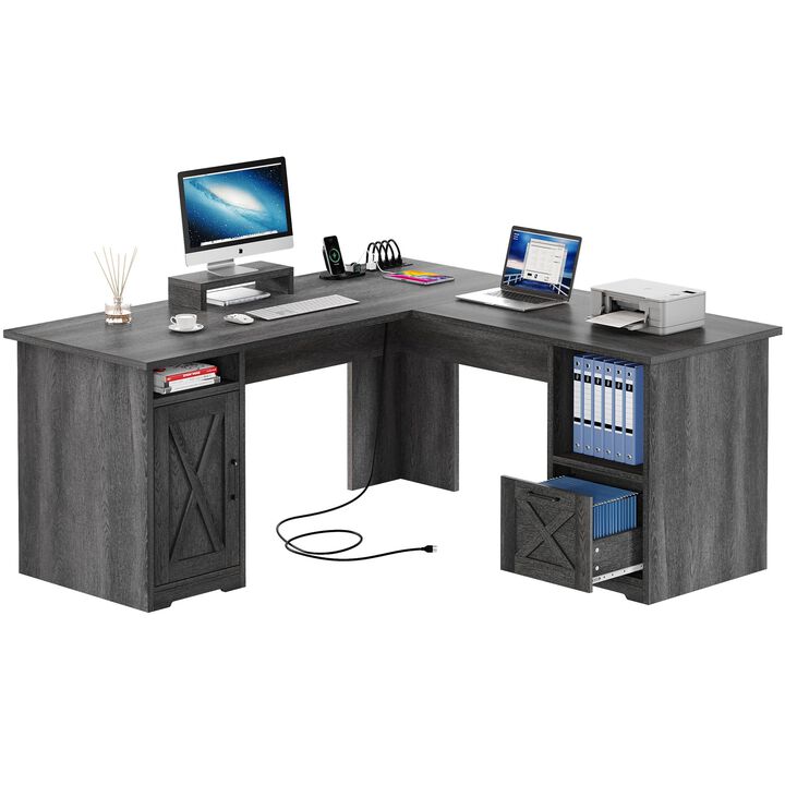 YITAHOME L Shaped Desk with Power Outlets, 60 Inch Computer Desk Corner Desk with File Drawer, Home Office Desk with Monitor Sta