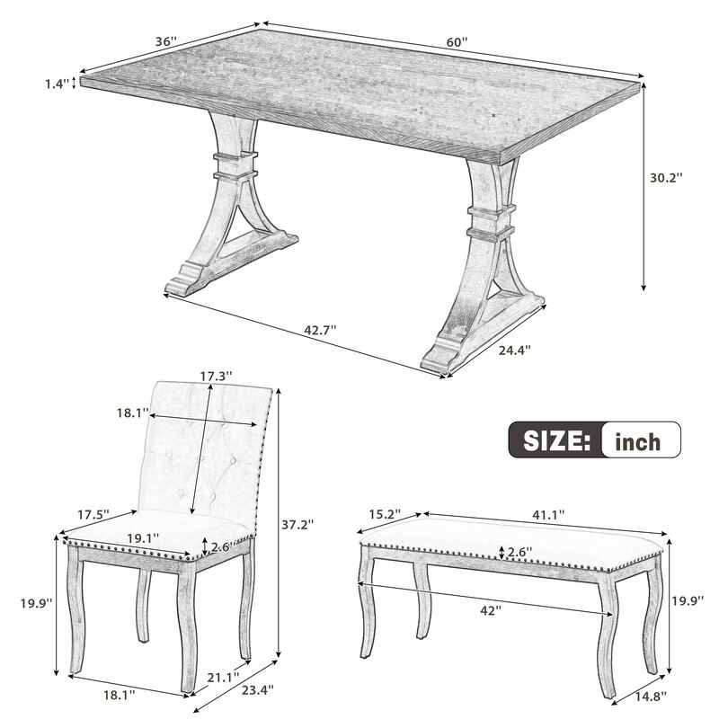 Whisen 6-Piece Dining Set with Bench, Farmhouse Natural Oak Table w/ 4 Upholstered Button Tufted Chairs, Solid Wood & MDF Kitchen Furniture image number 9