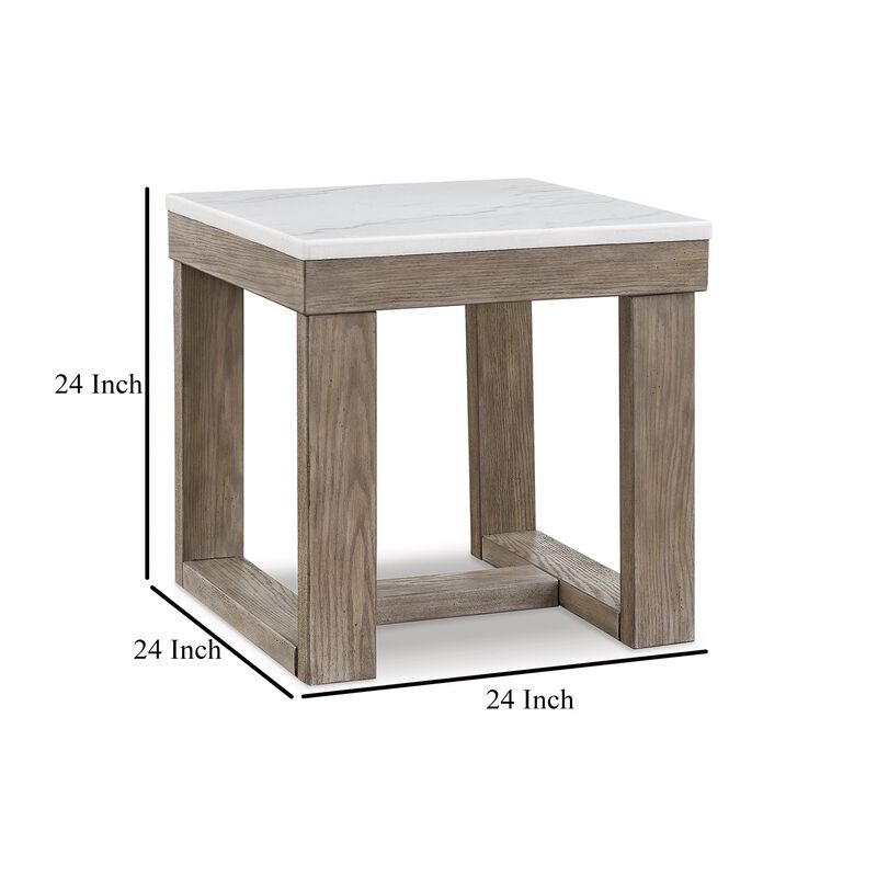 Aska Side End Table, Block Profile, Marble, 24 Inch Taupe Gray Wood