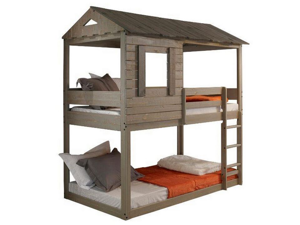 Twin Size Wooden Bunk Bed with House Design, Brown-Benzara
