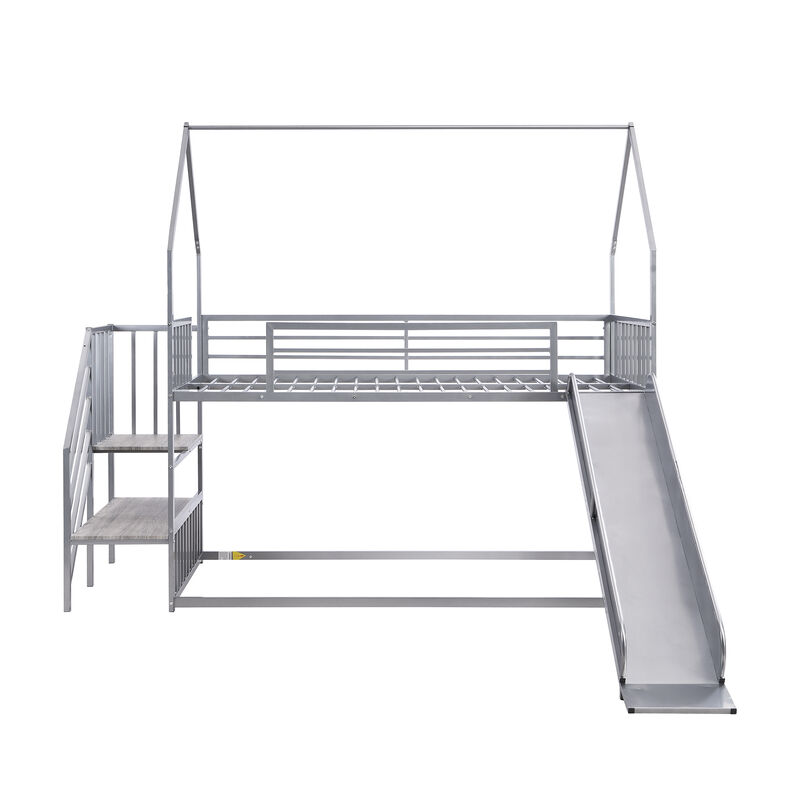Whisen Twin Size House-shaped Metal Bunk Bed with Slide and Staircase - Black