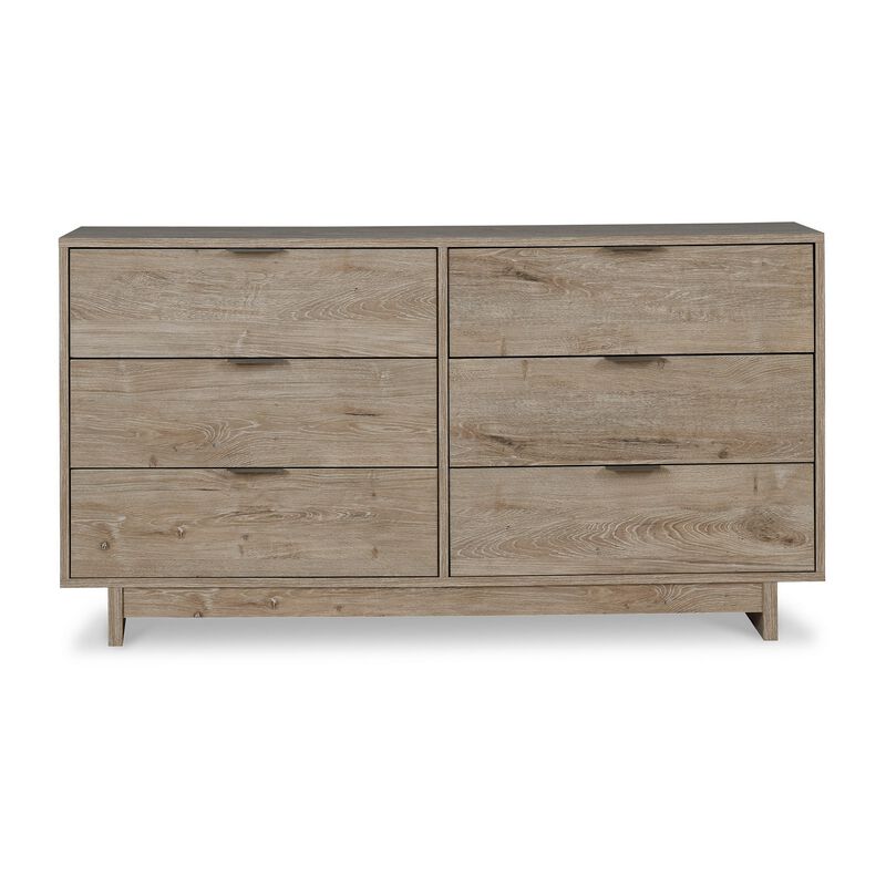 Fervor 59 Inch Dresser, 6 Drawers, Brown Wood Frame, Brushed Nickel Handles