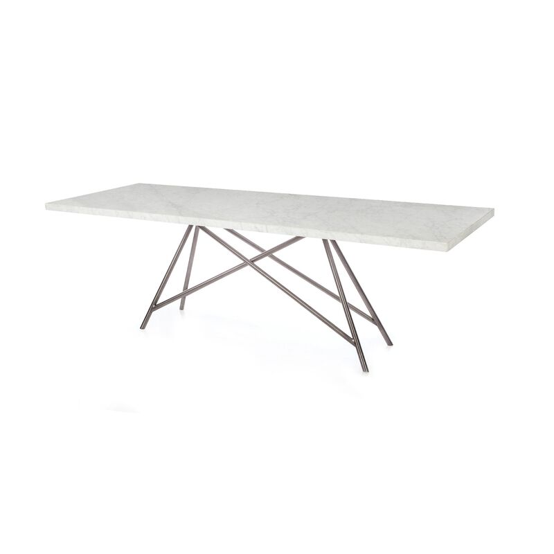Levi 80 Inch Rectangular Carrara Marble Dining Table, Steel Legs, Chrome
