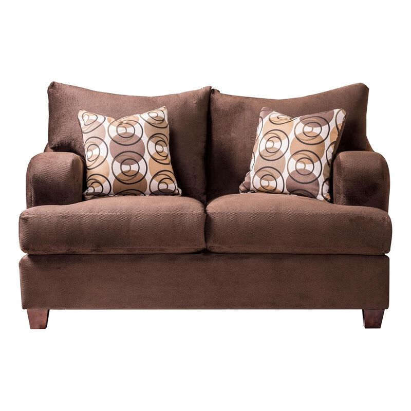 Roswell Sofa Loveseat Set, Chocolate Brown Chenille, 5 Accent Pillows - Benzara