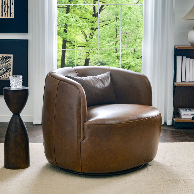 Ashlie 100% Top Grain Genuine Leather Swivel Barrel Chair image number 2