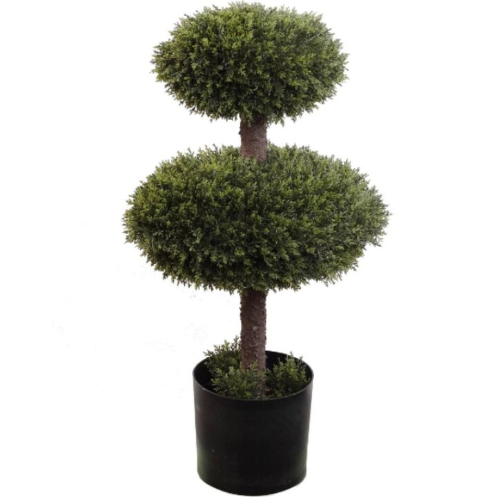 27" Artificial Cedar Tree Cone Double Topiary - Lifelike Indoor/Outdoor Faux Plant Decor - UV Resistant, Low Maintenance - Ideal for Home, Garden, Patio - Enhance Your Space with Evergreen Beauty