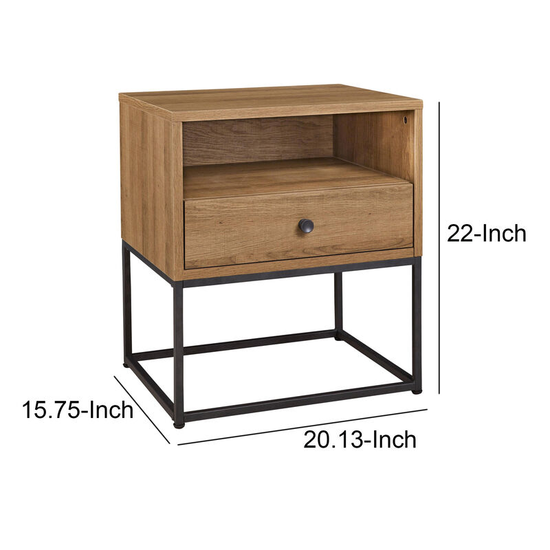 Mila 22 Inch Modern Wood Nightstand On Metal Base, Open Shelf, Light Brown-Benzara