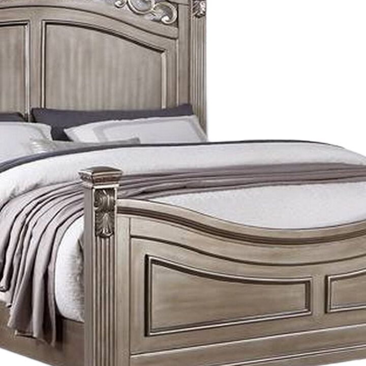 Aza Traditional Wood Queen Size Bed, Leaf Carvings, Champagne Gold Finish - Benzara