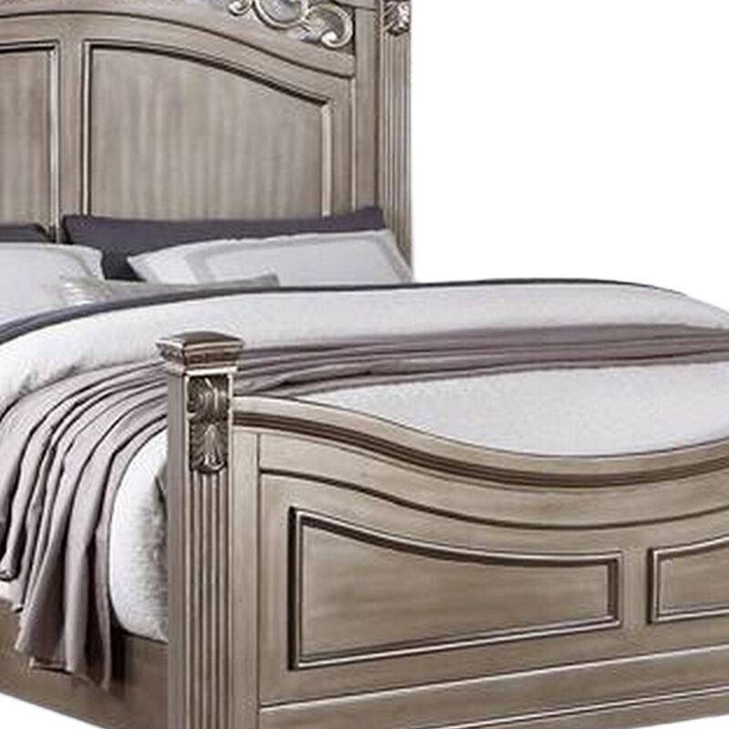 Aza Traditional Wood Queen Size Bed, Leaf Carvings, Champagne Gold Finish - Benzara
