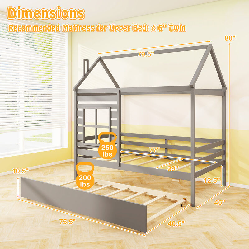 Kids Wood Bed with Roof Canopy and Slide-Out Trundle
