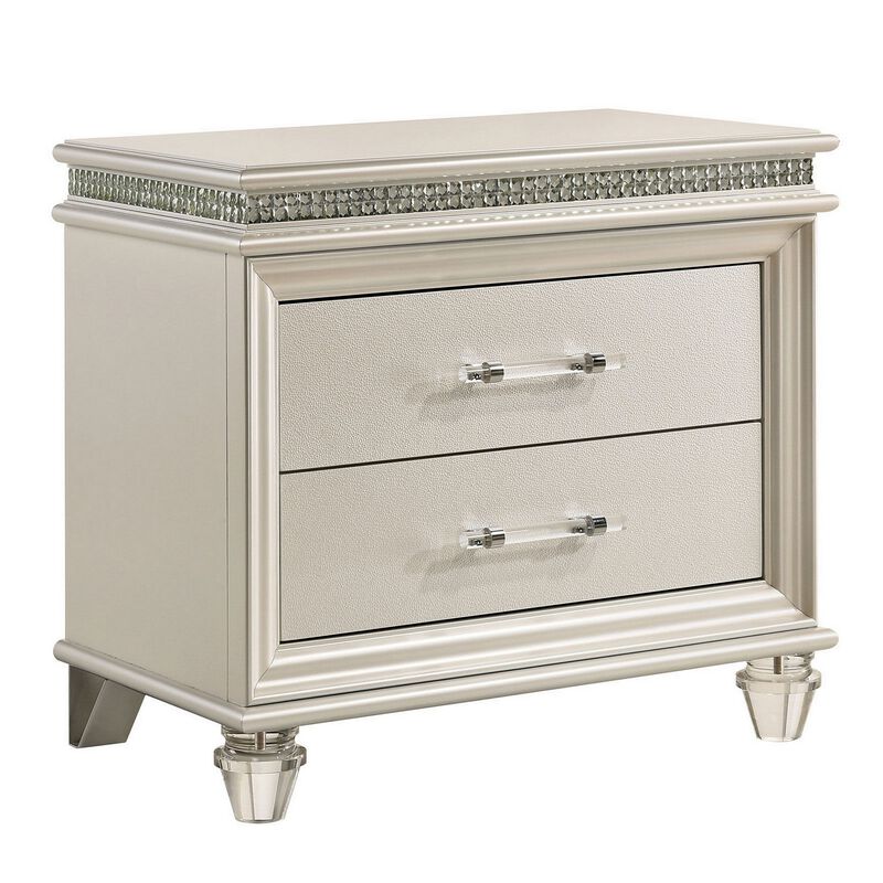 3pc King Bedroom Set, Pearl White, White, Clear, Silver Wood, 2 Nightstands image number 3