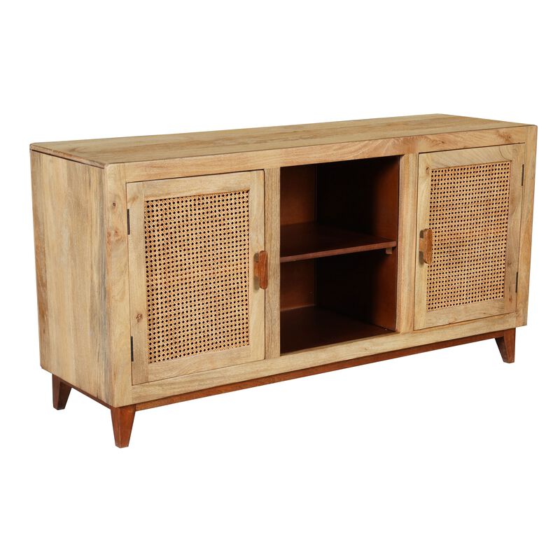 Aru 58 Inch Sideboard Buffet Cabinet, 2 Cane Doors n Open Shelves, 2 Tone Antique Brown Mango Wood image number 2
