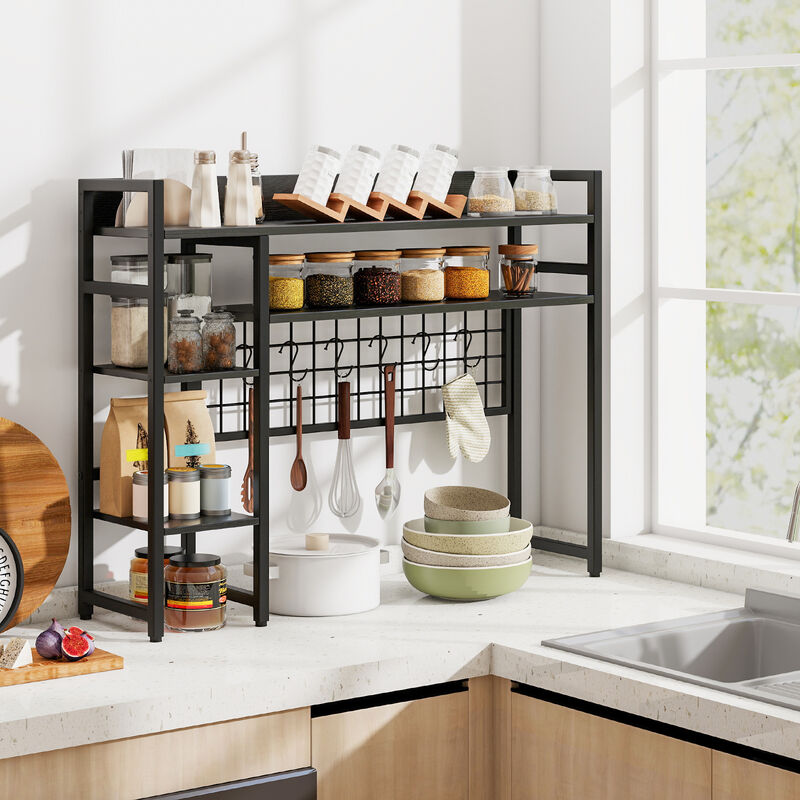 4-Tier Office Desk Shelf with Metal Grid Panel and Multiple Hooks