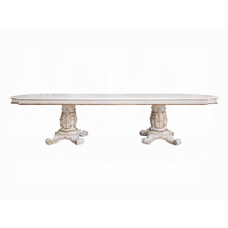 Antoine Dining Table, Carved Double Pedestal, 94-136 Inch, Pearl White