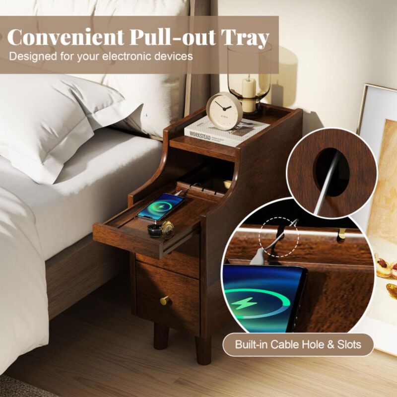 Hivvago Solid Wood End Table Narrow Bedside Table with Pull-out Tray and 2 Storage Drawers