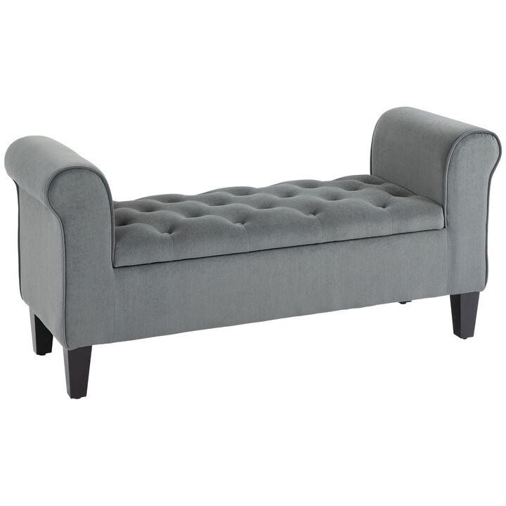 Ottoman with Storage, Button-Tufted Storage Ottoman Bench, Upholstered Bed Bench with Rolled Armrests for Hallway, End of Bed Bench, Grey