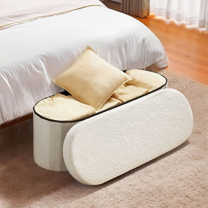 Teddy Fleece Storage Ottoman Bench with Folding Design for Bedroom Entryway