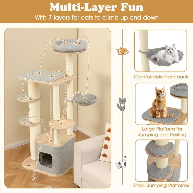Tall Cat Tree Modern Wooden Cat Tower with Perch Condo Hammock