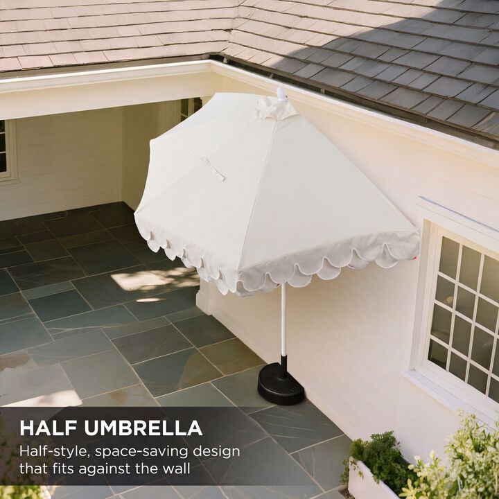 Terrace Arc 9 ft. Classic White Pole MidCentury Scalloped Fringe Market Patio Half Umbrella with Crank, Tilt Button and UV Protection