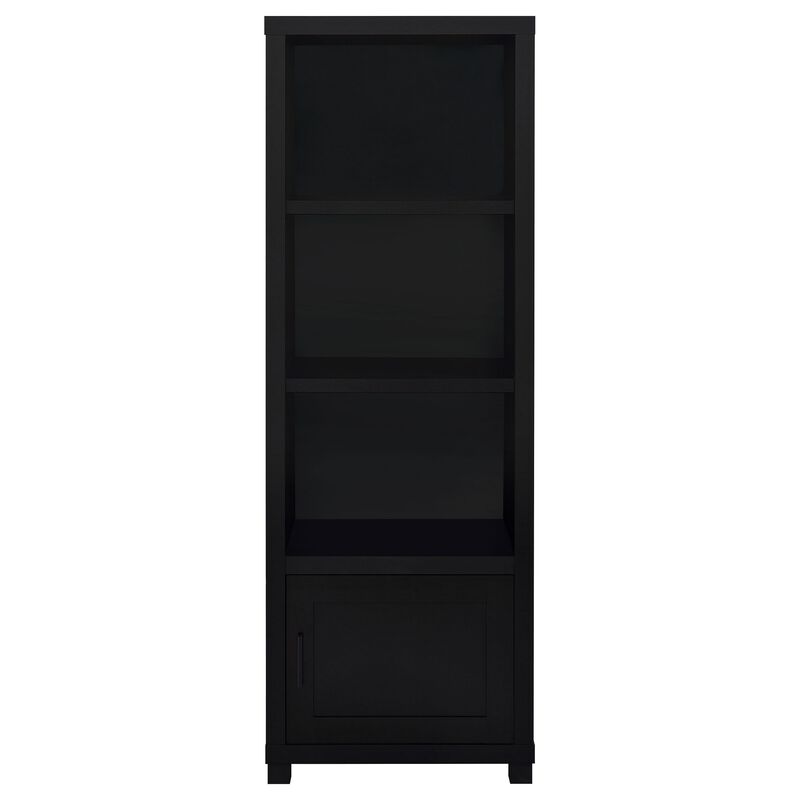 Janice Media Tower Bookcase, 3 Shelves, 1 Storage Cabinet,  Black Finish - Benzara