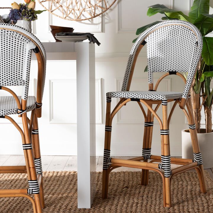 bali & pari Genica Classic French Two Tone Black and White Weaving and Natural Rattan Bar Stool