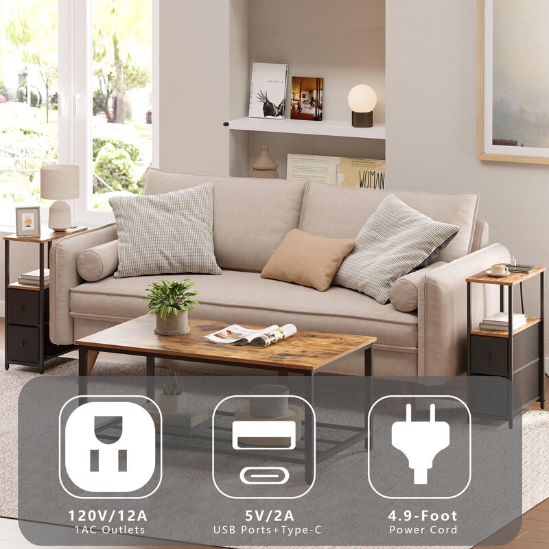 TUTOTAK Small Narrow End Table with Charging Station, Set of 2, Side Table with Outlets, Nightstand with 2 Cloth Drawers, Couch