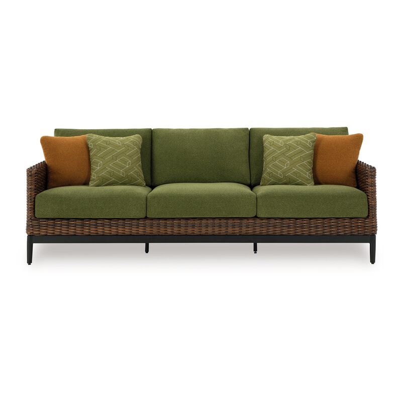 Inaya Outdoor Sofa, 4 Throw PIllows, Green Polyester, 88 Inch Brown