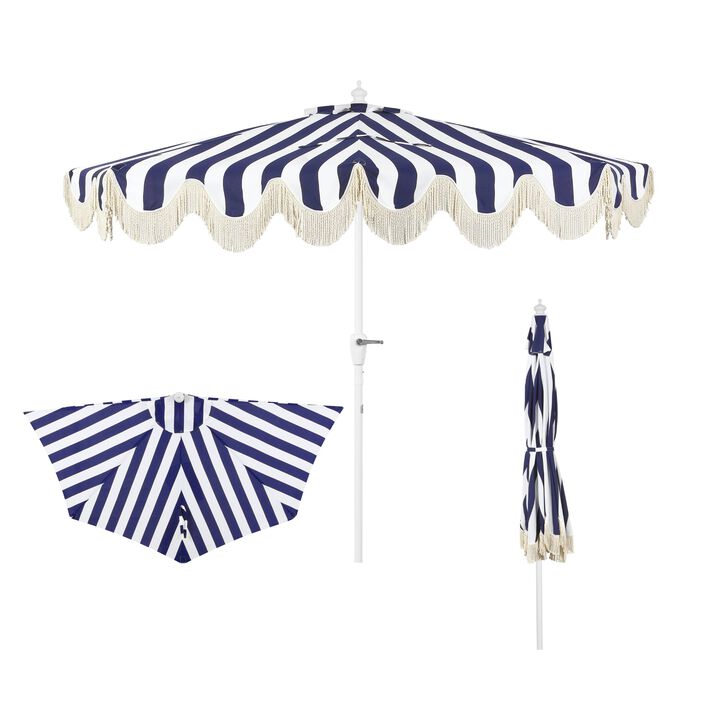 Beverly Designer Classic Scalloped Fringe Half Market Patio Umbrella with Crank, Push Button Tilt and UV Protection