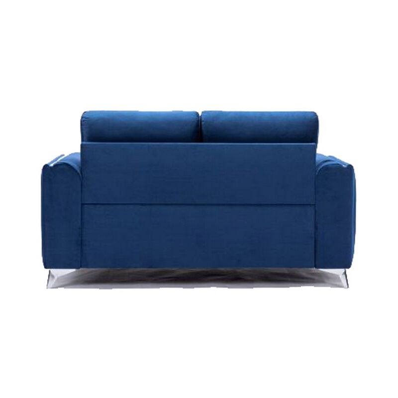 Wiena 59 Inch Loveseat, Velvet Upholstery, Solid Pine Wood, Blue and Chrome - Benzara