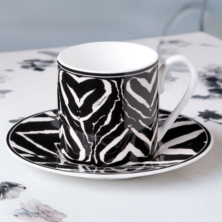 Coffee Cup & Saucer ZEBRA Set of 2 in Luxury Box  diam. 2.3", H 2.5", Cap. 4 oz, Saucer diam. 4.75"