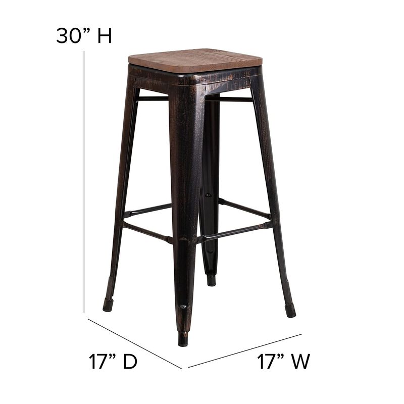 Flash Furniture Lily 30" High Backless Black-Antique Gold Metal Barstool with Square Wood Seat image number 4