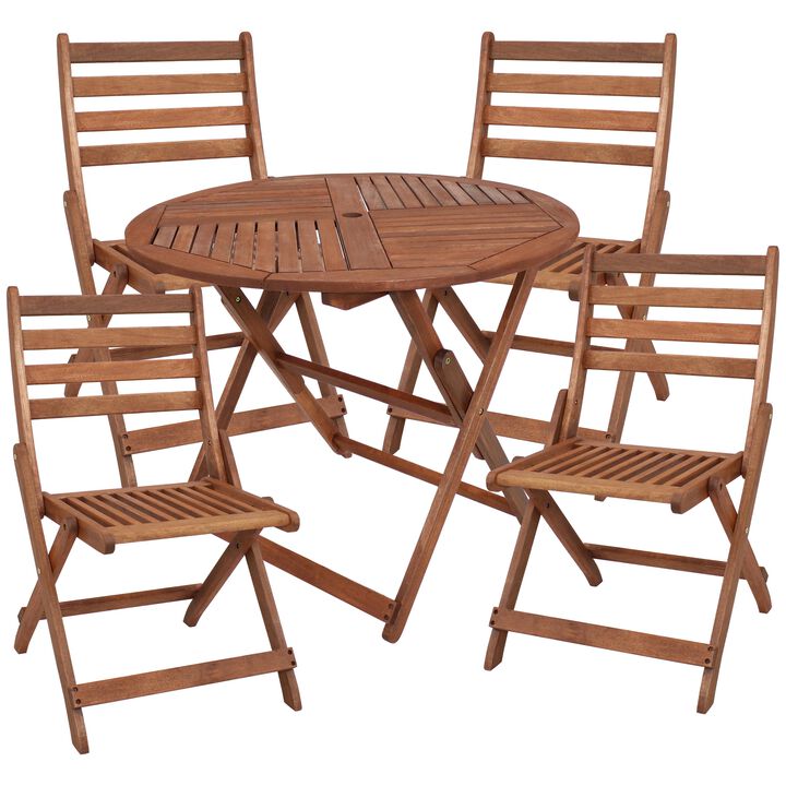 Sunnydaze Meranti Wood 5-Piece Folding Patio Round Dining Table and Chairs