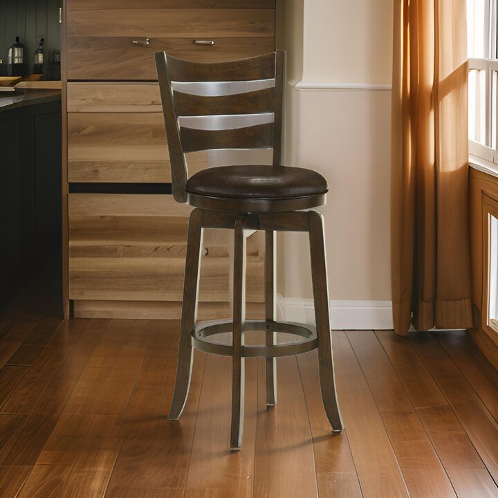 Mona Swivel Barstool Chair, Dark Brown Faux Leather, Cherry Brown Wood