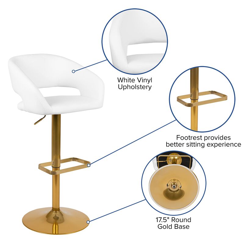 Flash Furniture Erik Comfortable & Stylish Contemporary Barstool with Rounded Mid-Back and Foot Rest, Adjustable Height - White Vinyl with Gold Base