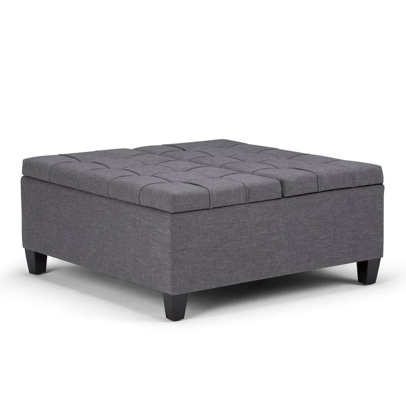 Simpli Home Harrison Coffee Table Storage Ottoman In Slate Grey Linen Look Fabric