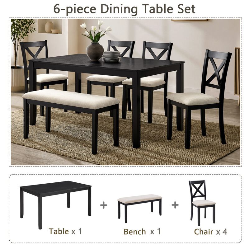 6 Piece Dining Table Set with Bench, rectangular wood dining table set for 6, farmhouse dining table set, timeless dining furniture image number 3