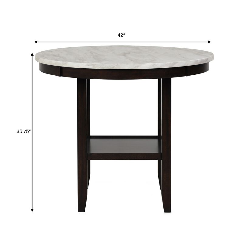 Kate 42 Inch Round Counter Table, Faux Marble Top, White, Espresso-Benzara