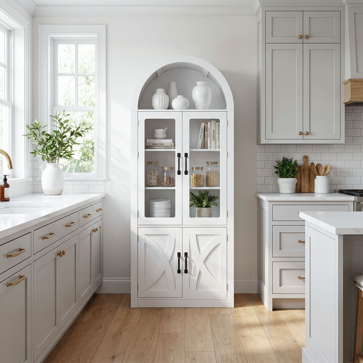 70" Tall Arched Modern White Wooden Pantry Storage Cabinet with Adjustable Shelves for Dining Room, Living Room, Kitchen
