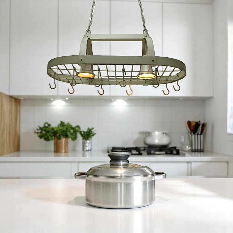 Rustic Hanging Pot Rack with Lights – 10 Hook Ceiling Mount