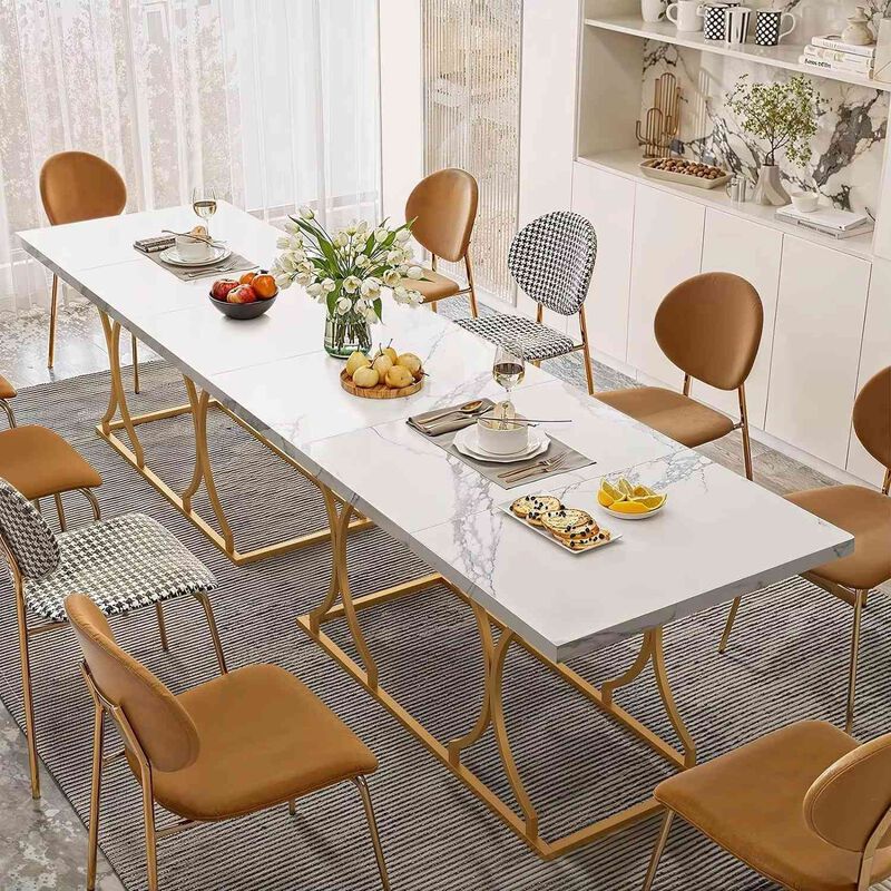 63" Luxury Dining Table Kitchen Dining Room Table Rectangle Modern Marble White Dinner Table with Gold Metel Frame for 6 People image number 4
