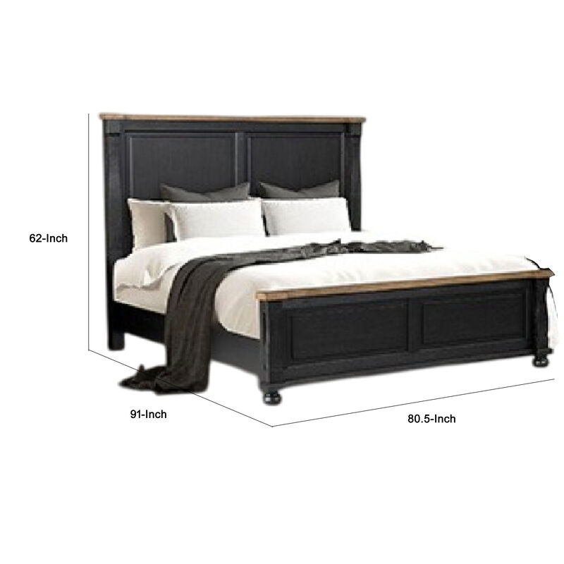 Ginie King Bed, Tall Headboard, Farmhouse Legs, Black Oak Brown Oak - Benzara